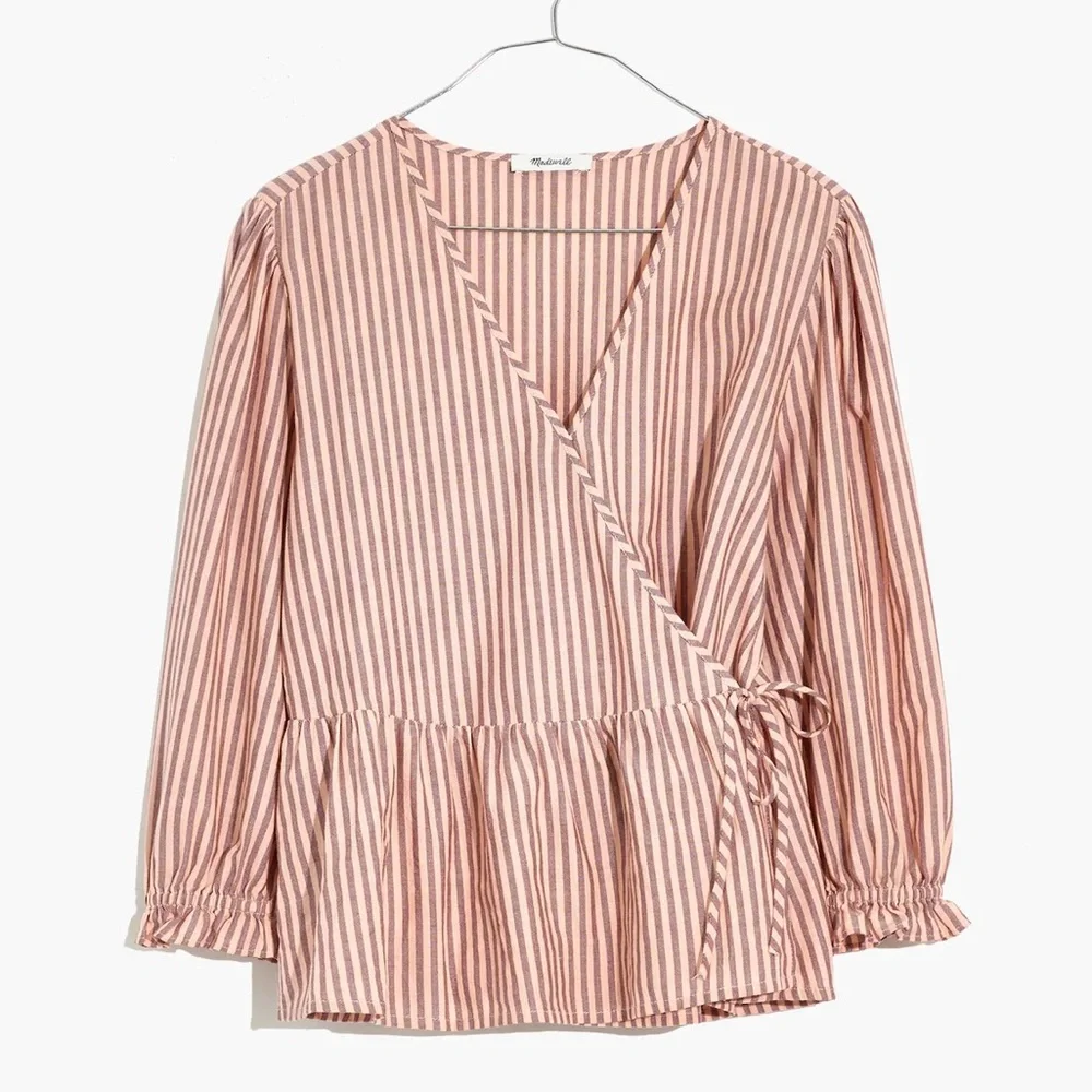 NWOT Madewell Top Puff-Sleeve Peplum Wrap Top Women’s XS Stripes Pink Cotton